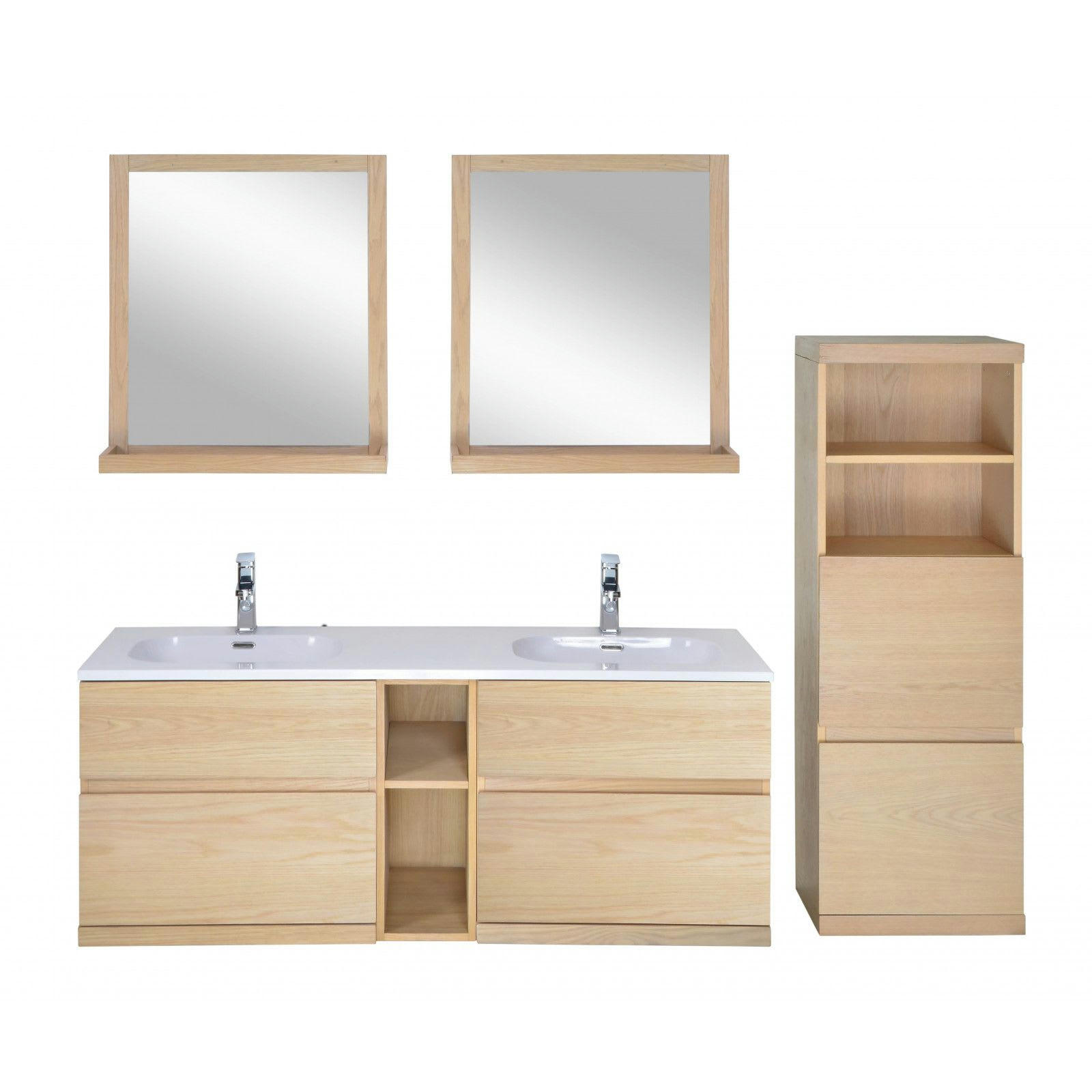 ENIO - Meuble sous vasque chêne avec plan résine  140cm + miroir + colonne