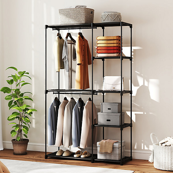 Armoire penderie 2 barres de suspension 6 étagères dim. 111x43x185cm métal pvc non tissé noir