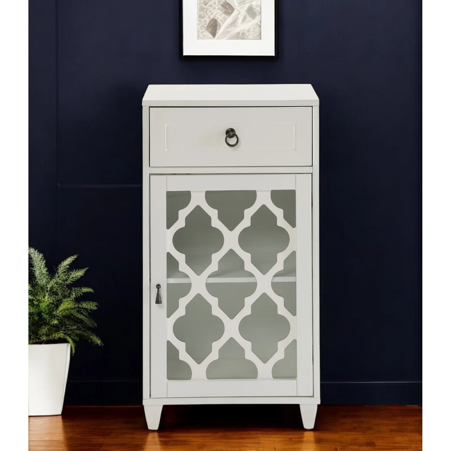 White Solid Wood Accent Cabinet with Drawer and Glass Door for Dining Room - 11.8” D x 17” W x 32.5” H