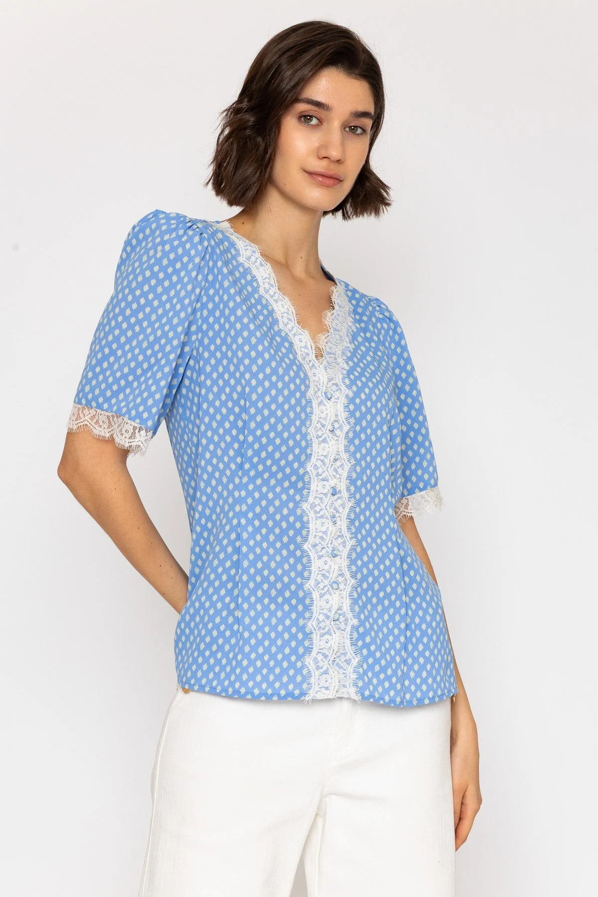Short Sleeve Lace Detail Top in Blue