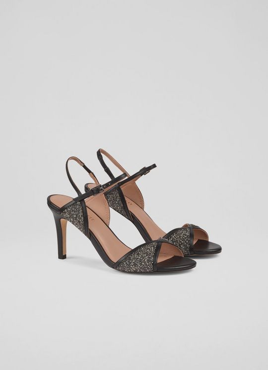 Estelle Black Leather Crystal Detail Heel Sandals