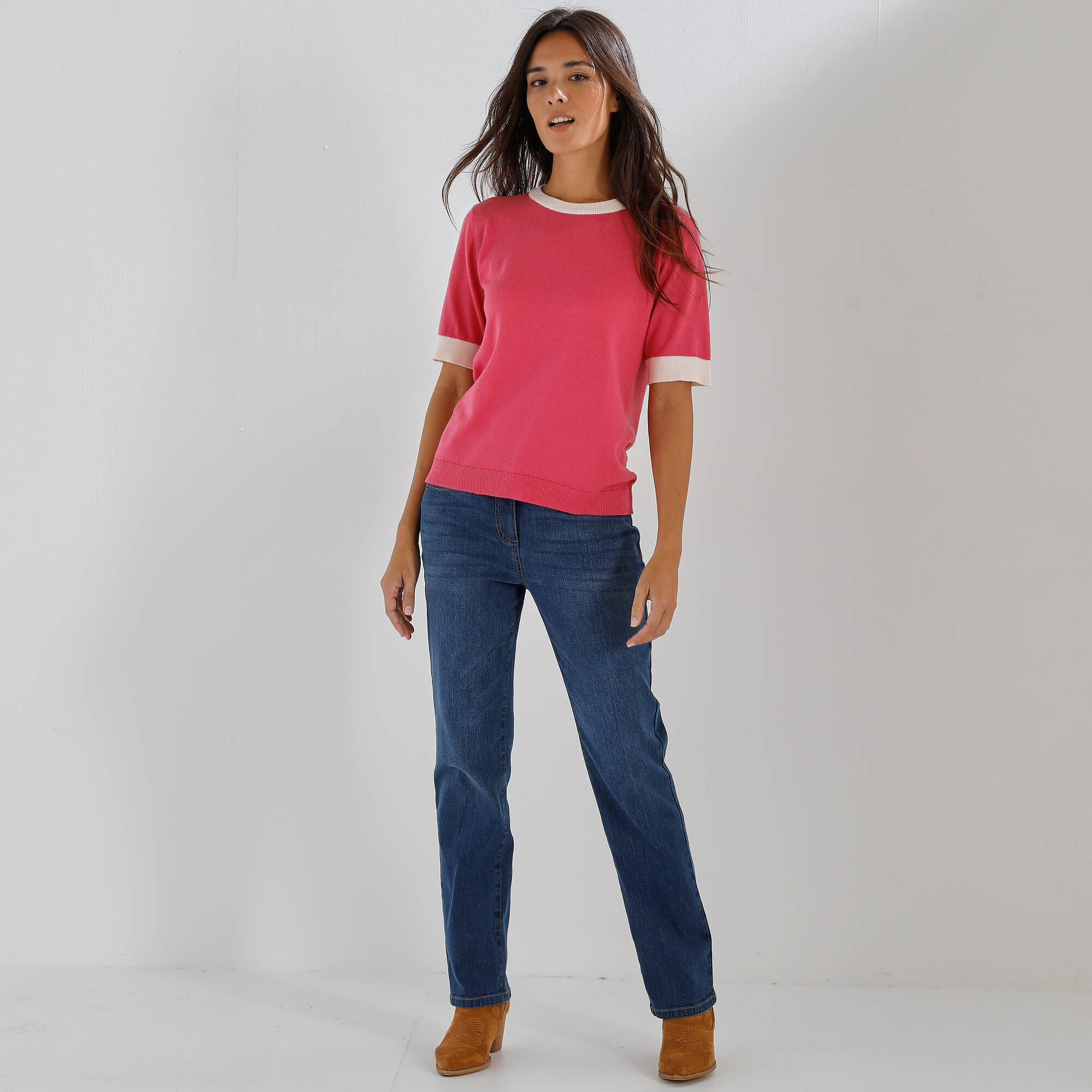 Pull bicolore col rond, manches courtes