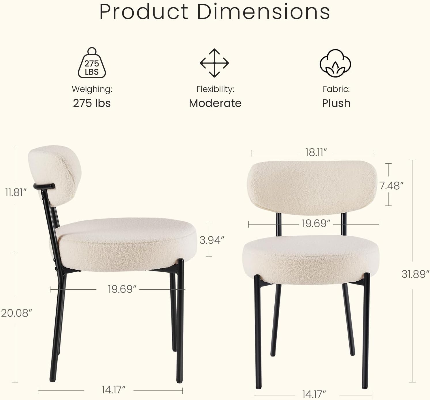 DUMOS Dining Chairs Set of 4, Mid Century Modern Chair Round Upholstered Curved Backrest, Kitchen Vanity Living Room Chairs with Black Metal Legs，Light Beige
