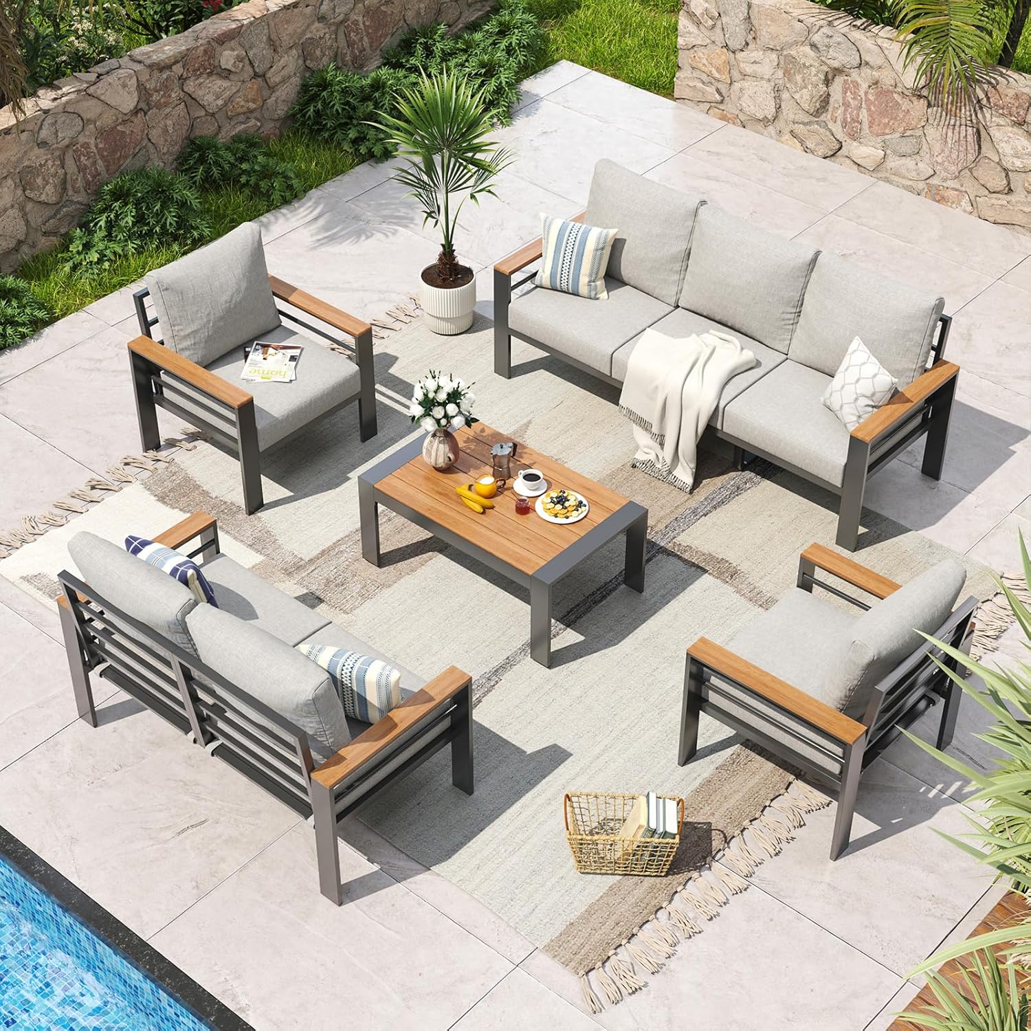 Aoxun Aluminum Patio Furniture Set 7 Seats  Oversized Outdoor Sectional with Washable Thick Cushions  Coffee Table and Waterproof Cover  Patio Conversation Sets for Porch  Balcony  Deck