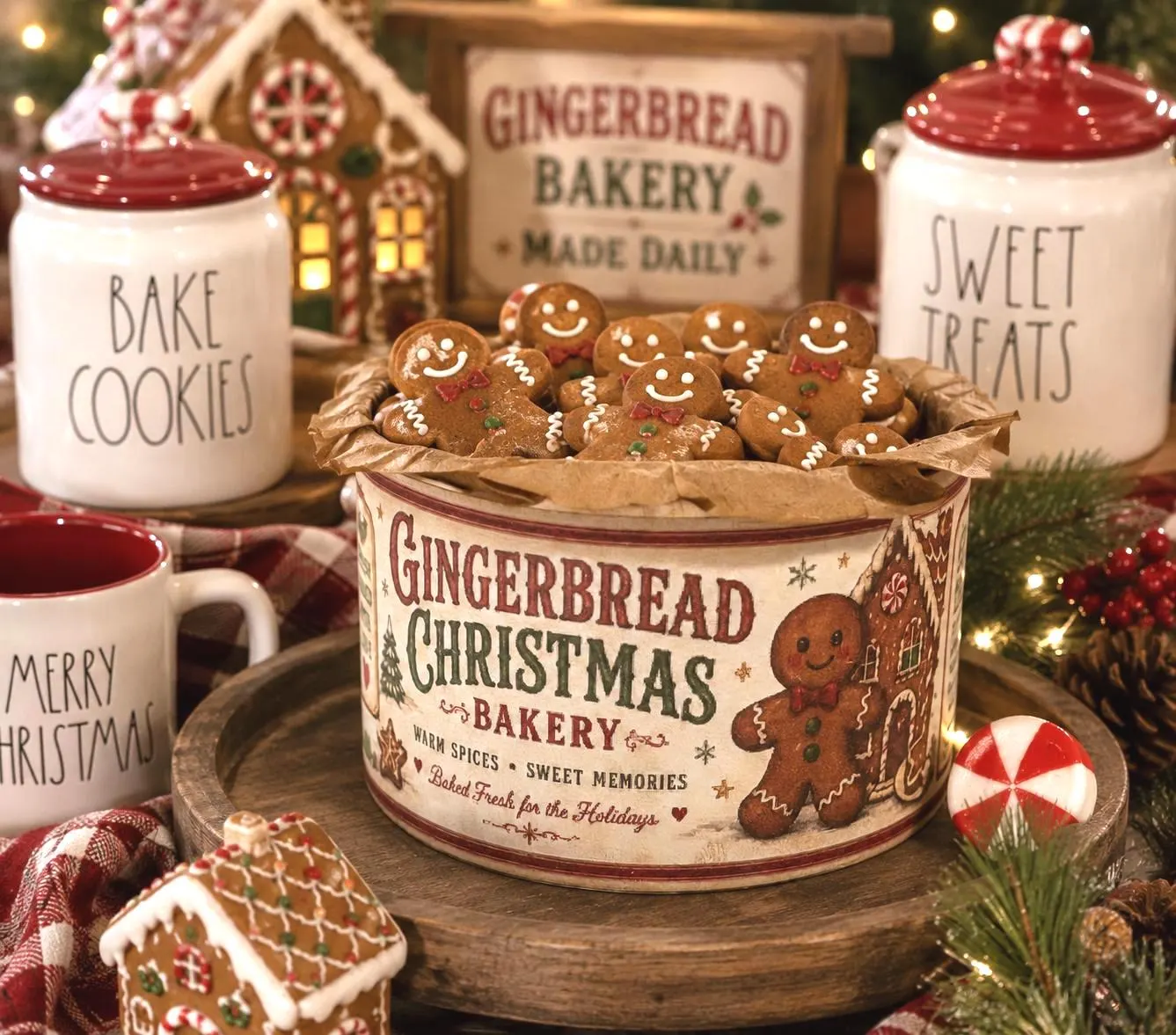 Gingerbread Christmas Bakery Can Decor | Hand Painted Vintage Style Christmas Tin