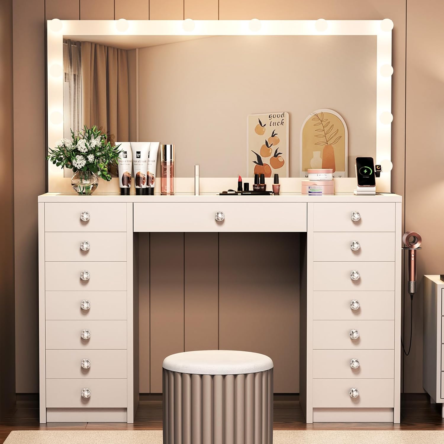 15 Drawers Vanity Desk, Large Makeup Vanity with Power Outlet, Vanity Table with Mirror and Light, 3 Color Lighting Modes, Tempered Glass Top, Dressing Table for Bedroom (White)