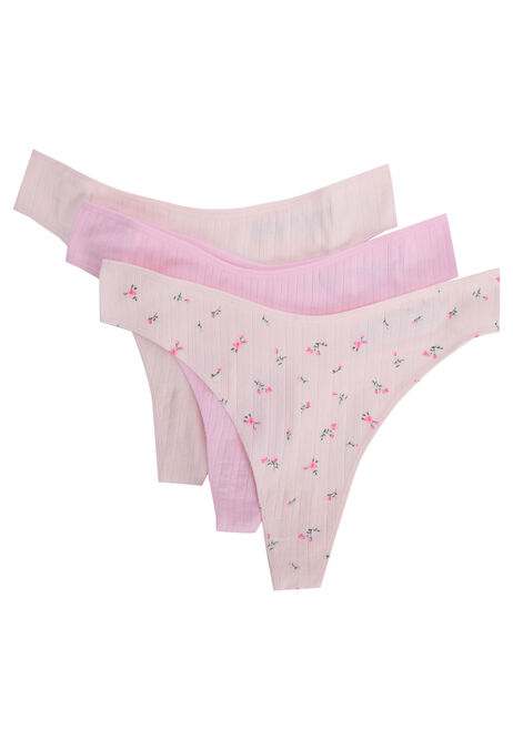 Womens 3pk Pink Ditsy Print Seam Free Thongs