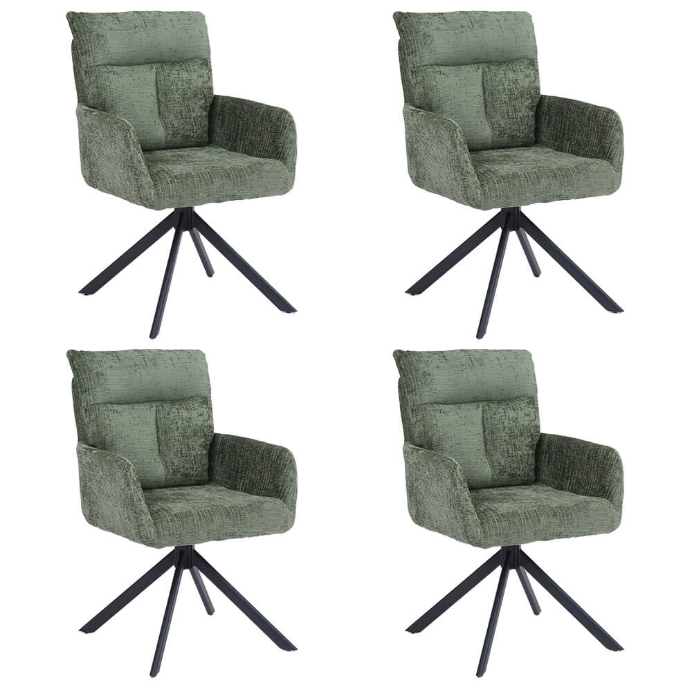 Home Deluxe ALUNA chenille eetkamerstoel met armleuningen - set van 4 Groen