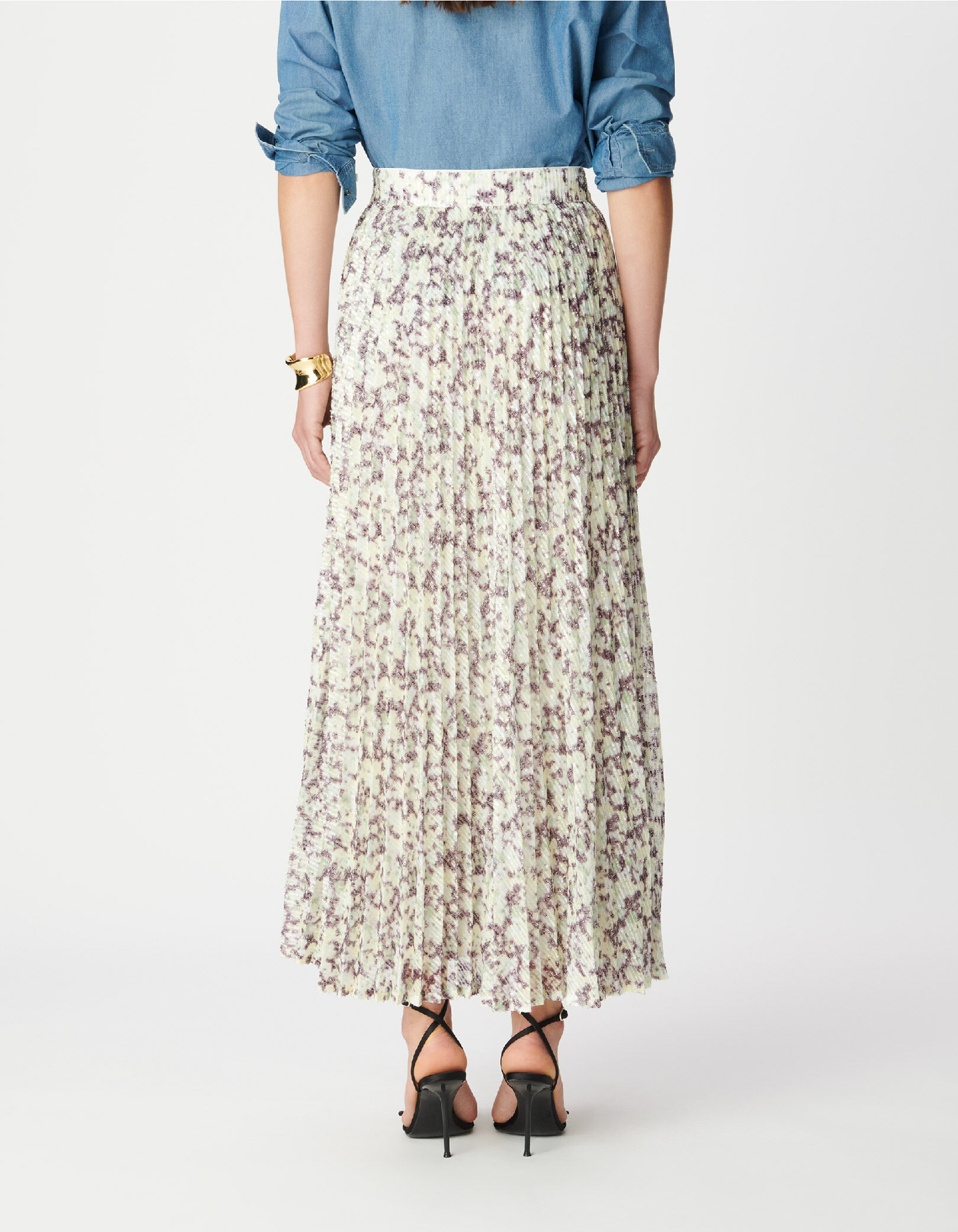 Jupe plissée verte camouflage broderies sequins Femme