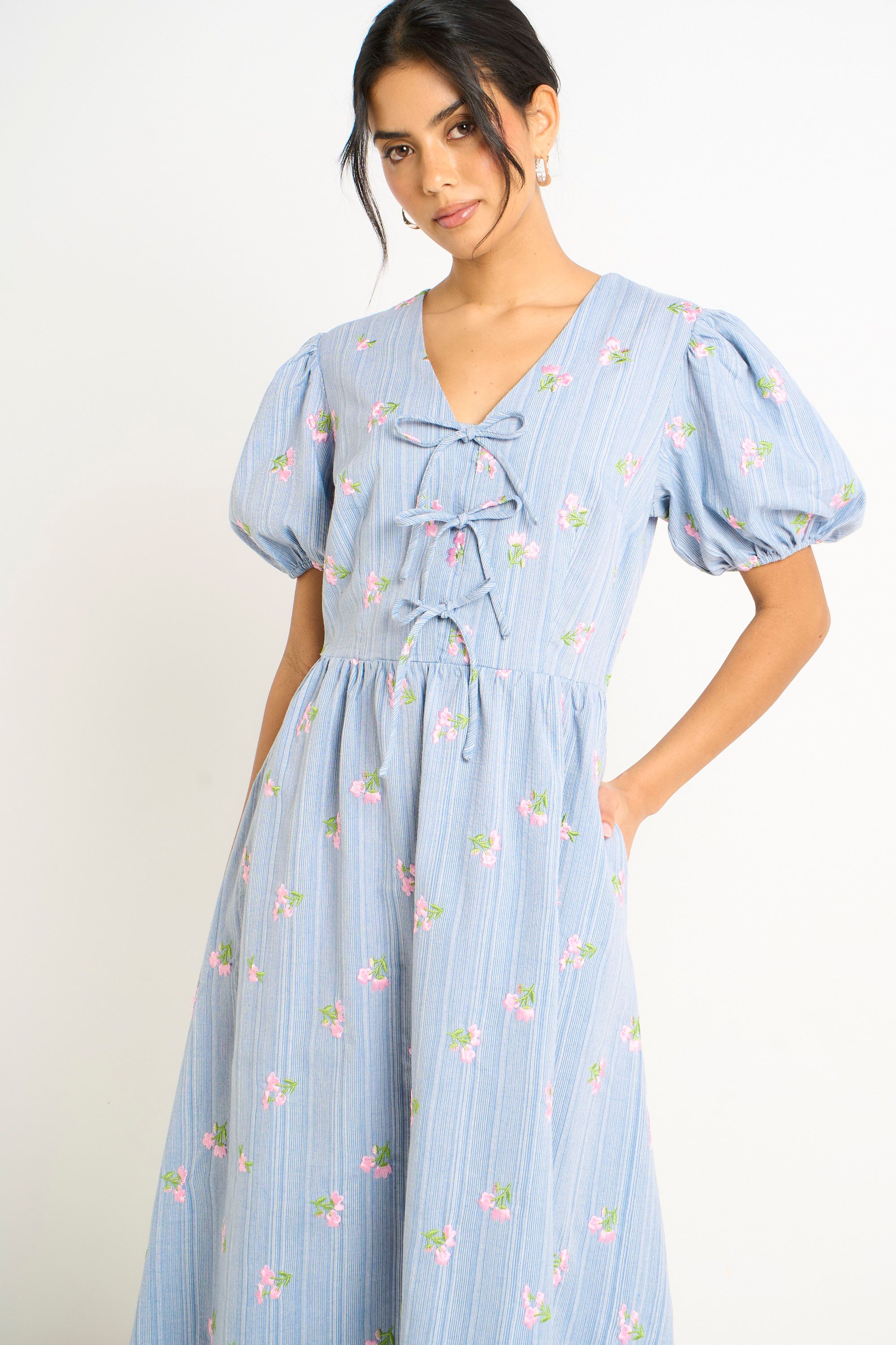 Gini London Blue Cotton Mix Tie Detail Puff Sleeves Midi Dress