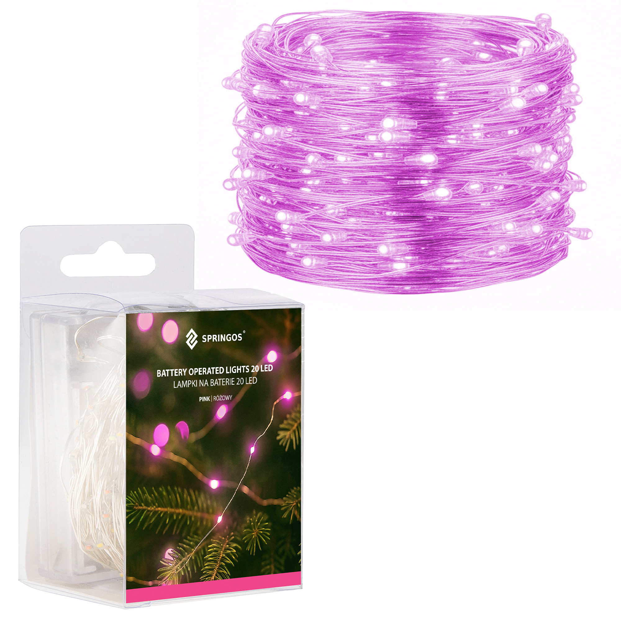 Lampki choinkowe 20 LED druciki mikro na baterie różowe