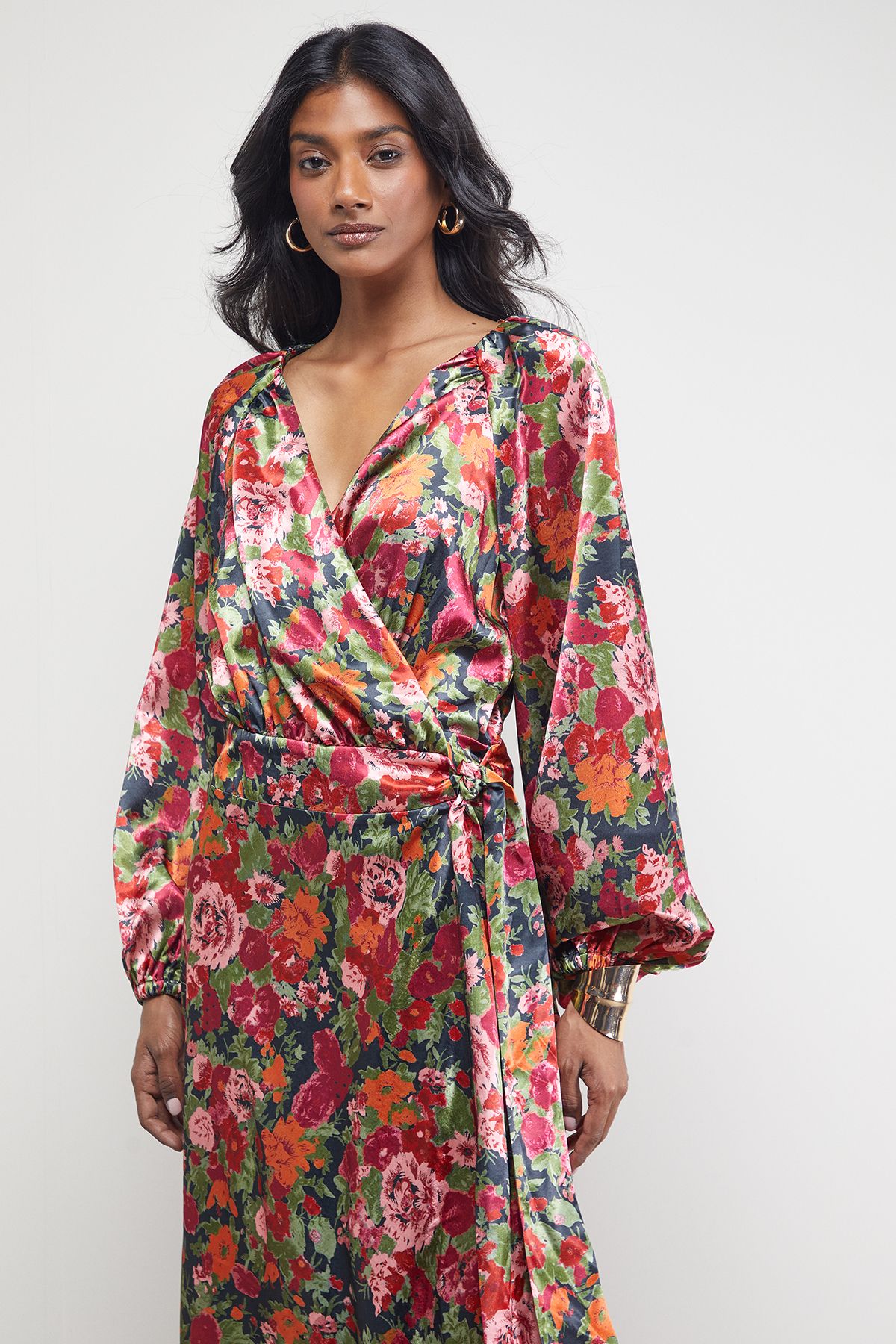 Warehouse Satin Tie Waist Wrap Ruffle Tier Maxi Dress
