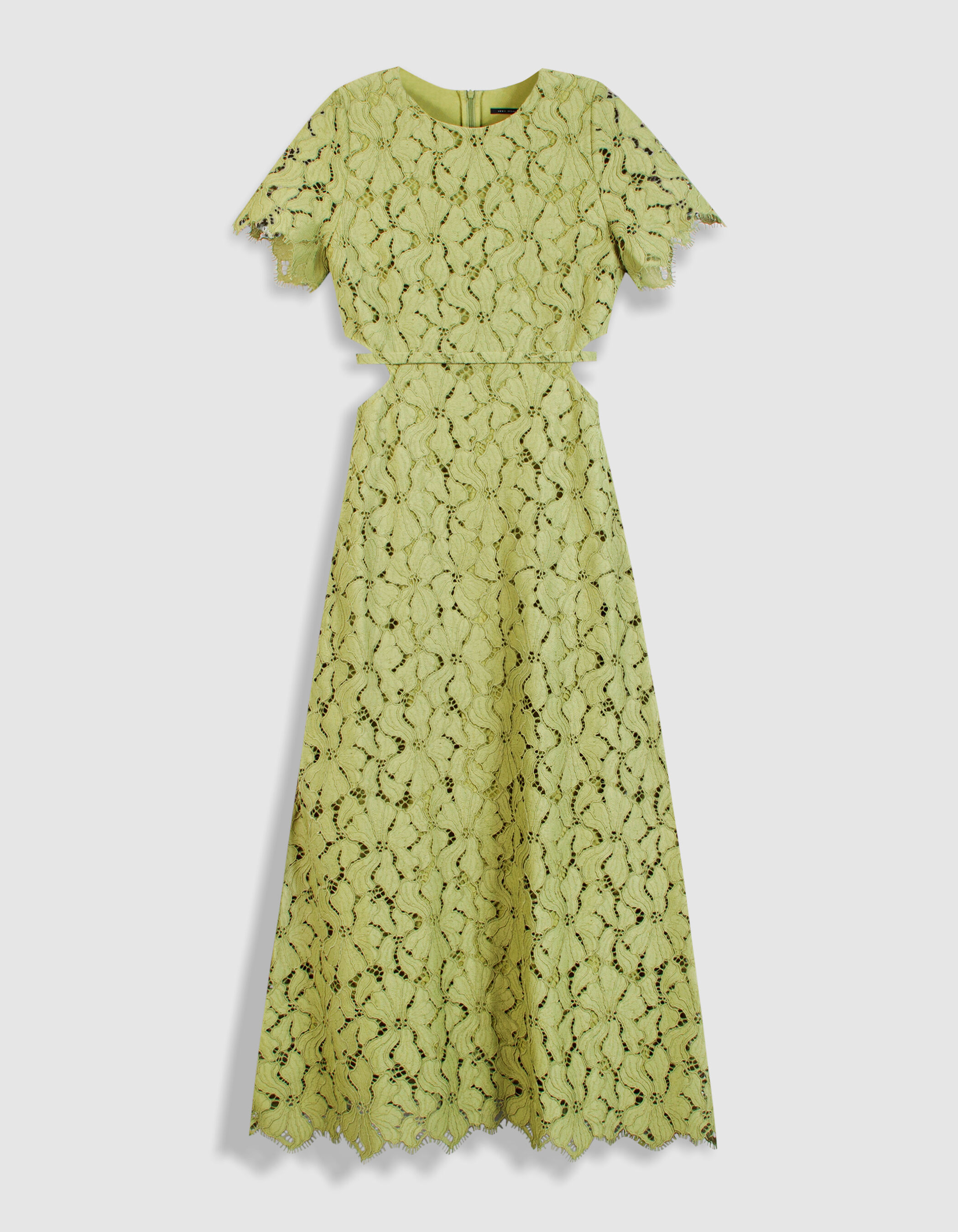 Robe longue verte dentelle découpes côtés Femme