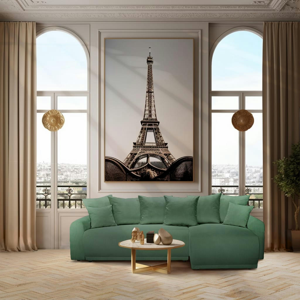 ODEON - Canapé d'angle réversible convertible 4 places en velours côtelé vert