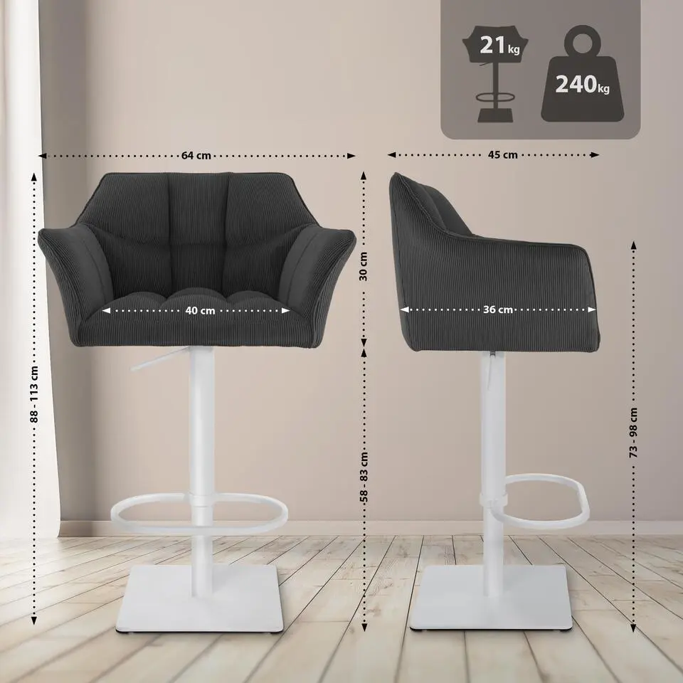 CLP Barkruk Damaso wit Frame - Ribstof - donkergrijs