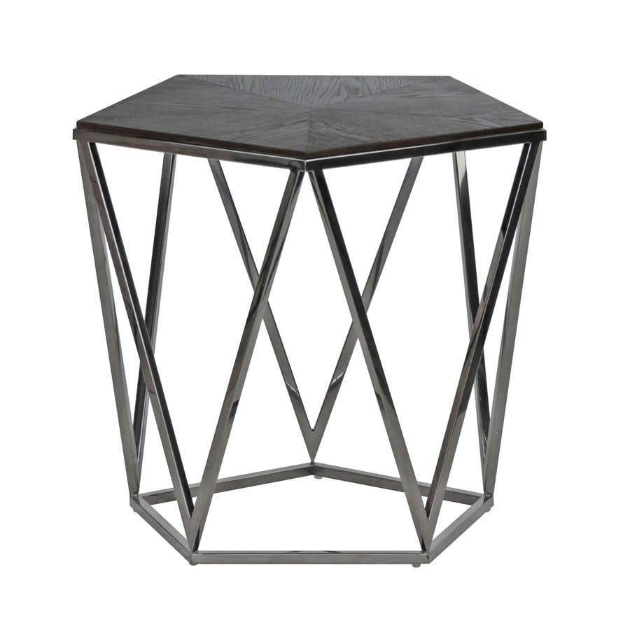 - Table basse pentagonale en acier chromé et chêne noir