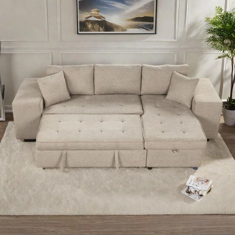 104.5 Chenille L-Shaped Sectional Sofa with Pull-Out Bed and Storage Chaise, 3-Seater