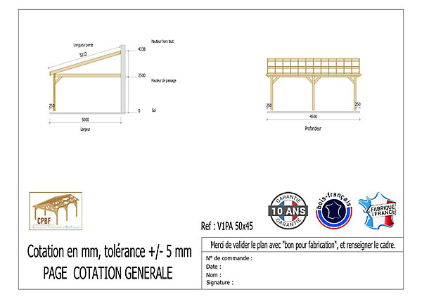 Carport adossé une pente 500cmx450cm, bois DOUGLAS Français (Charpente en bois-auvent-abri voiture) 23 m². Garantie 10 ans
