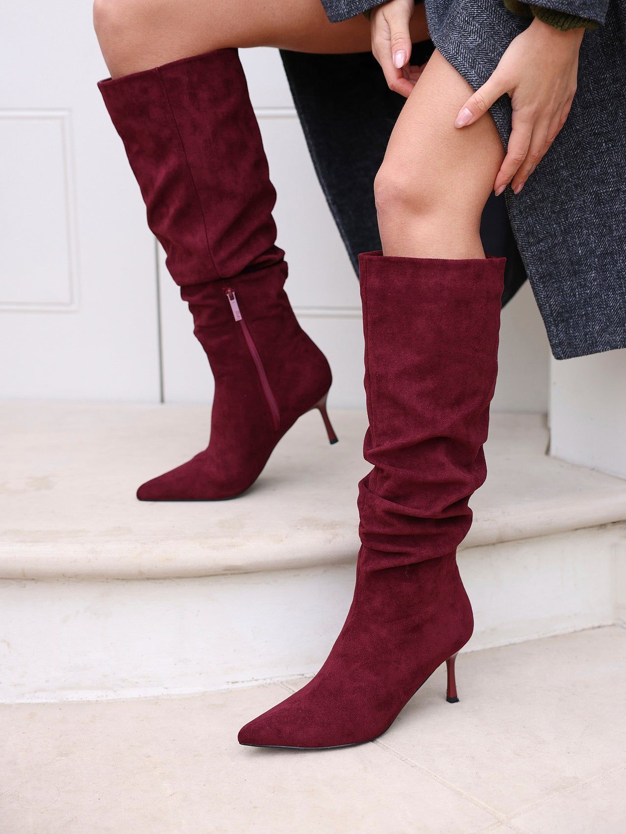 Linzi Rosenna Burgundy Faux Suede Ruched High Leg Heeled Boot