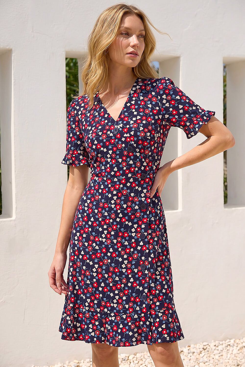 Roman Floral Side Button Dress