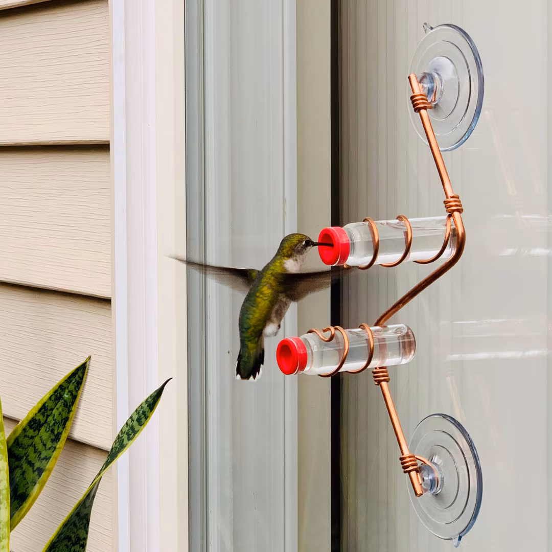 Window Hummingbird Feeder, Geo Feeder, Handmade Copper, Glass, Modern, Bird Lover Gift