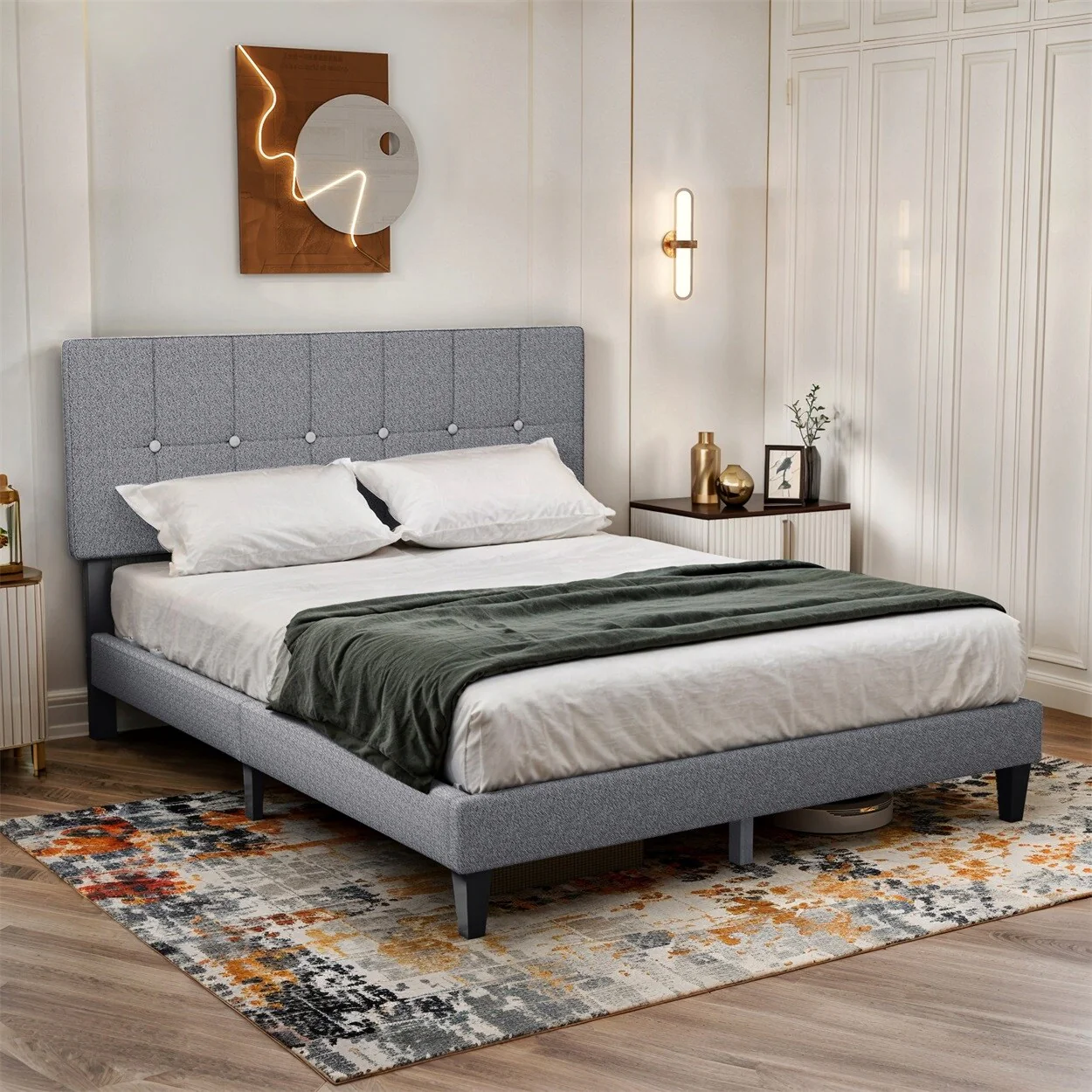 Queen Bed Frame Upholstered Platform with Headboard and Strong Wooden Slats,No Box Spring Needed, Easy Assembly