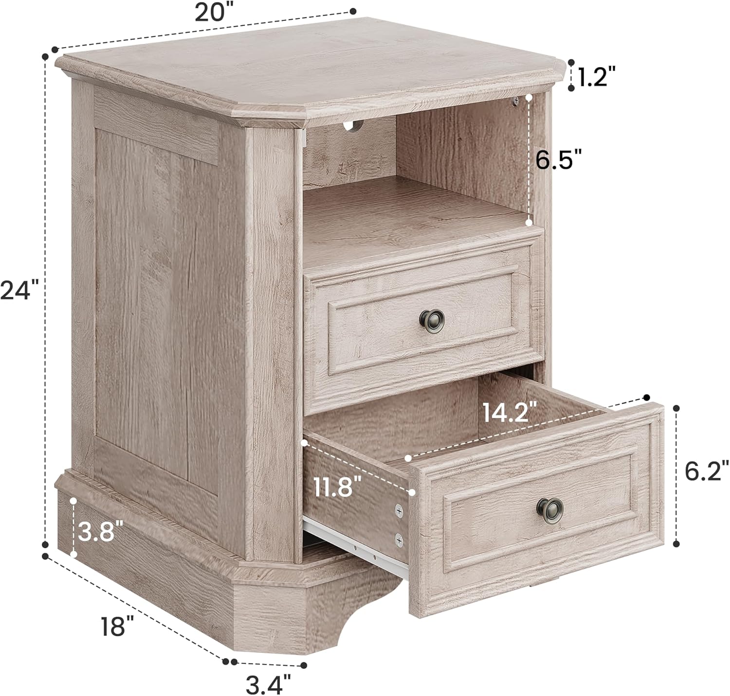 24 Greige Oak Nightstand with Charging Station, Set of 2 Rustic Farmhouse Bedside Table with 2 Drawers and Open Shelf, Distressed Wood End Table with Outlets and USB Ports