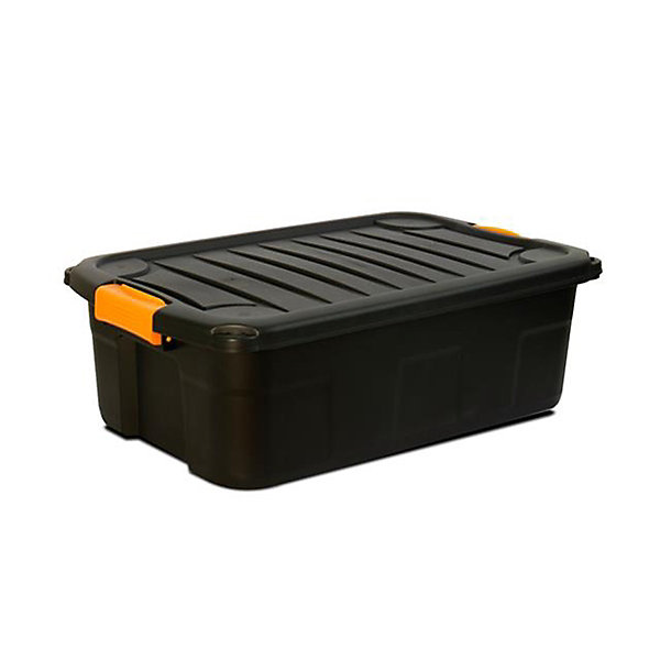 Lot de 2 boîtes de rangement en plastique noir/orange avec couvercle à clipser 30 L - Longueur 60 x Profondeur 39 x Hauteur 20 cm