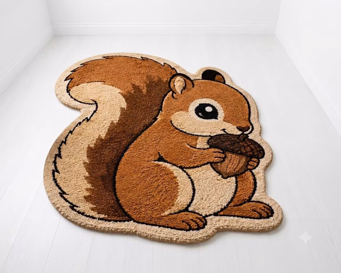 Squirrel Acorn Tufted Wool Rug, Woodland Nursery Decor Carpet