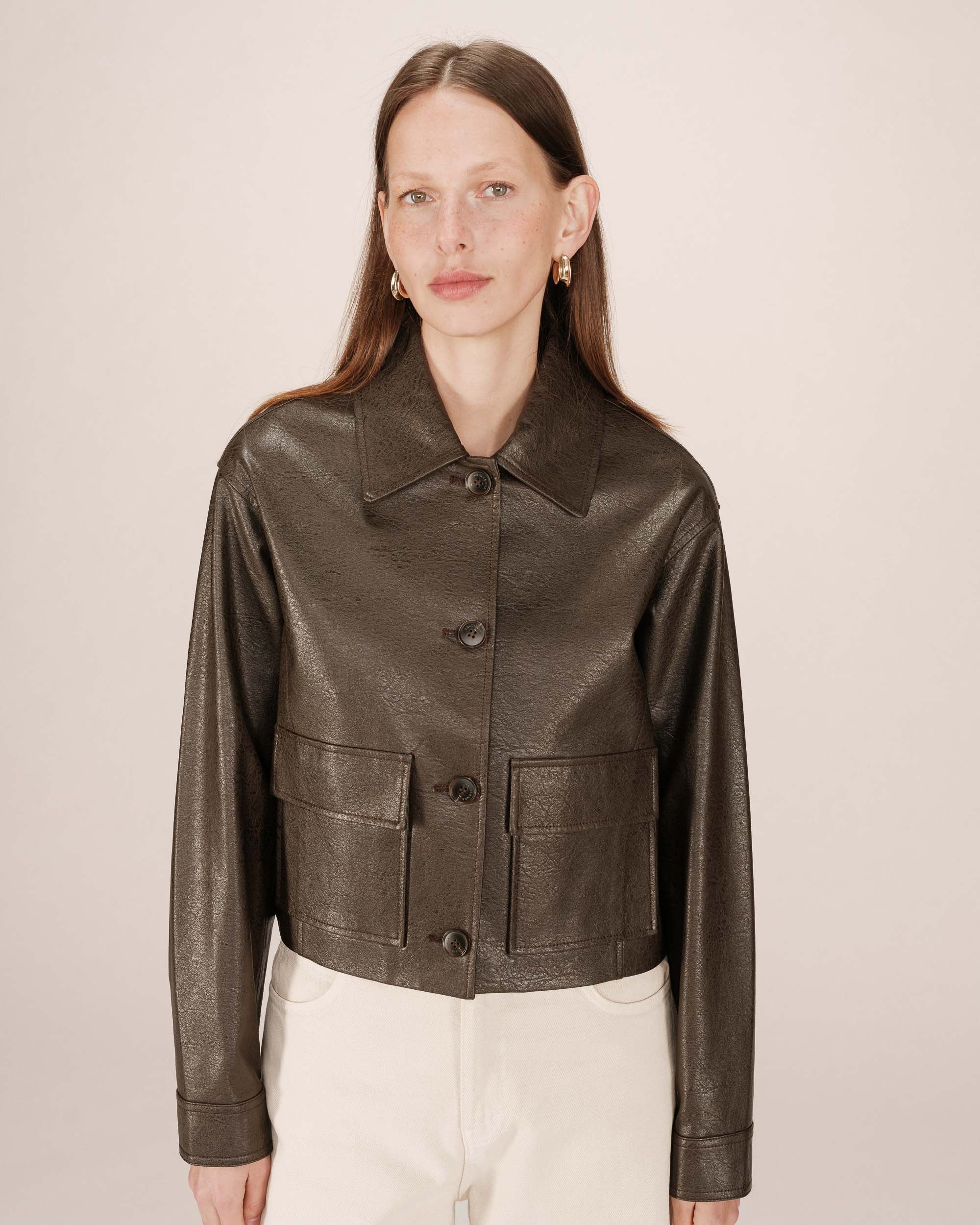 Veste en simili cuir chocolat Solange