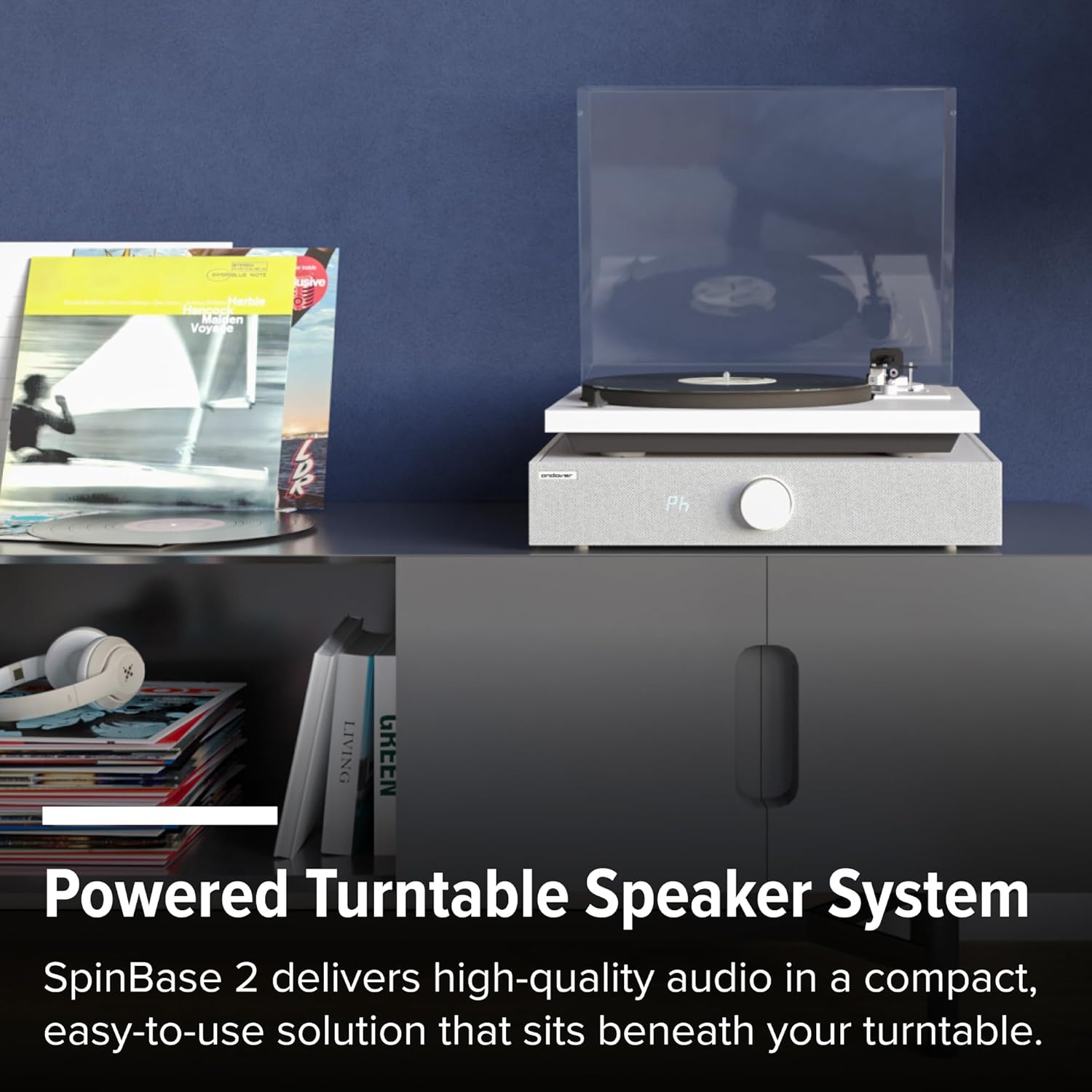 Andover Audio Spinbase 2 Speaker System Designed for Turntables; Phono Input  BT  Analog and Optical Input  ISOGroove Anti-Feedback  with Remote Control (Black)