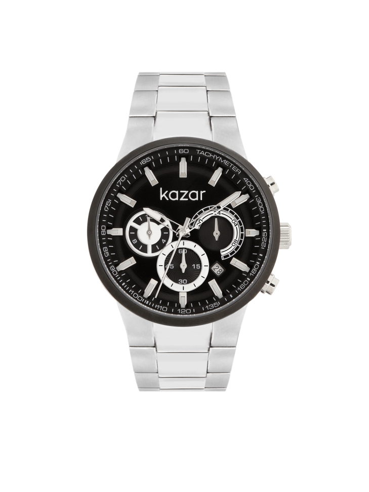 Watch with silver bracelet and black dial