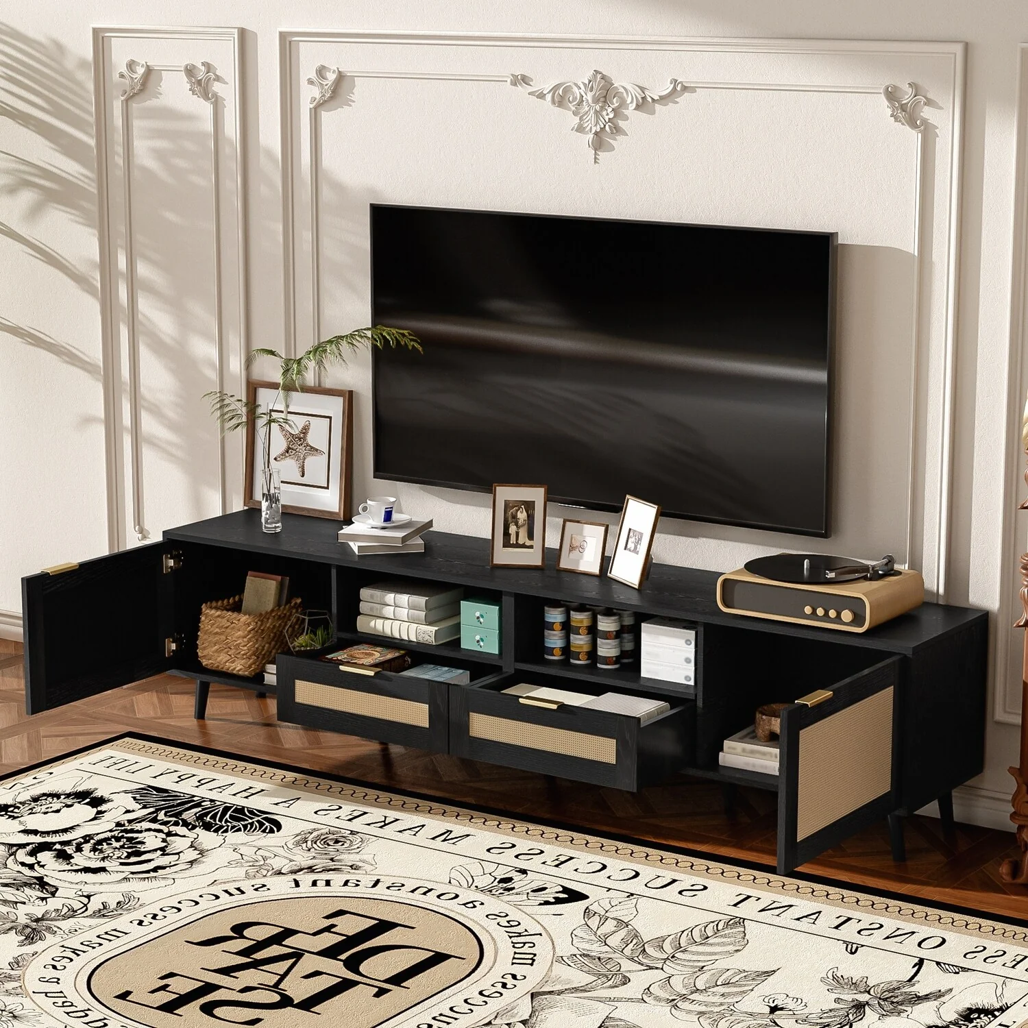 Versatile Rattan TV Stand with Solid Wood Legs for Large TVs and Ample Storage