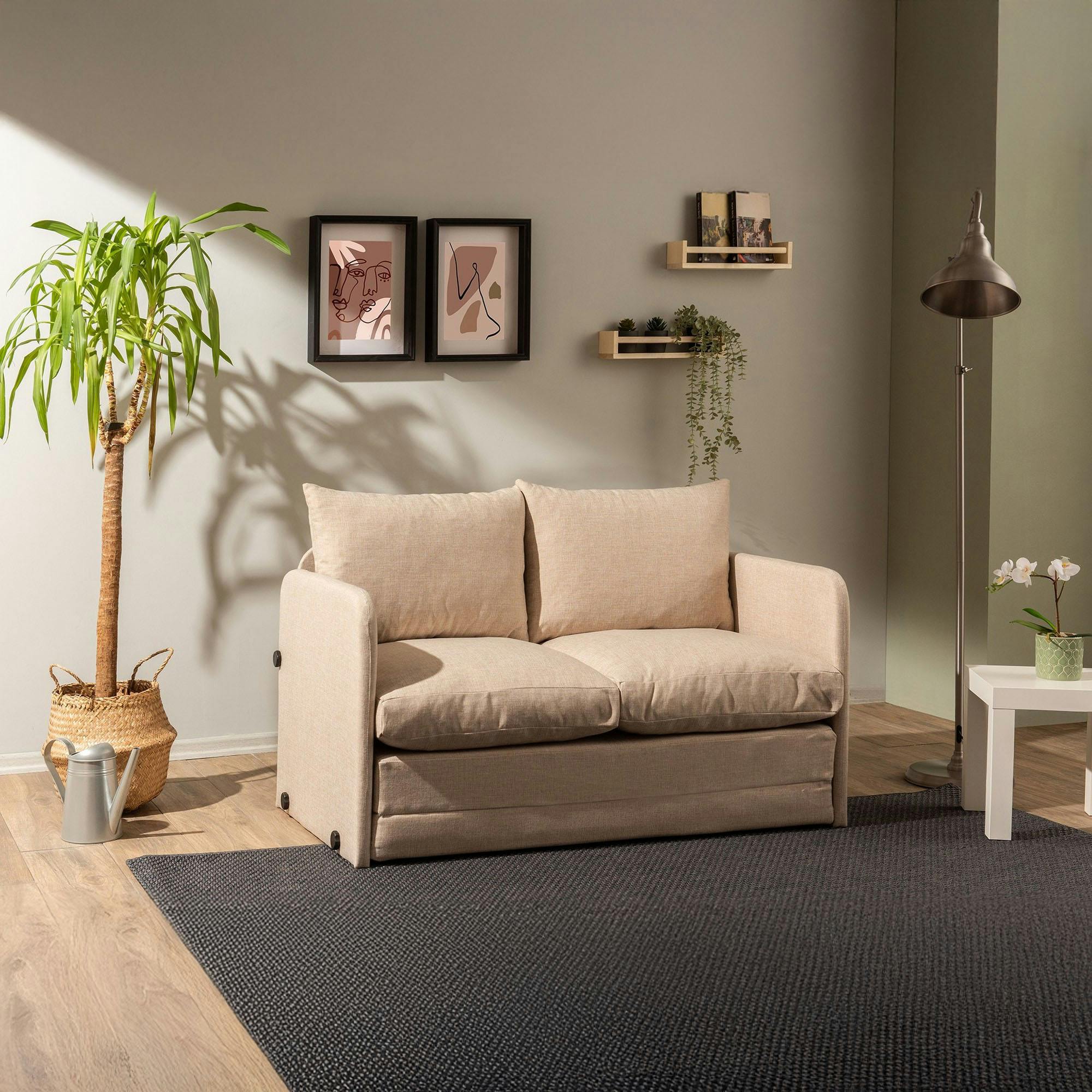 Canapé-lit d'appoint beige 2 personnes, tissu lin ORURO