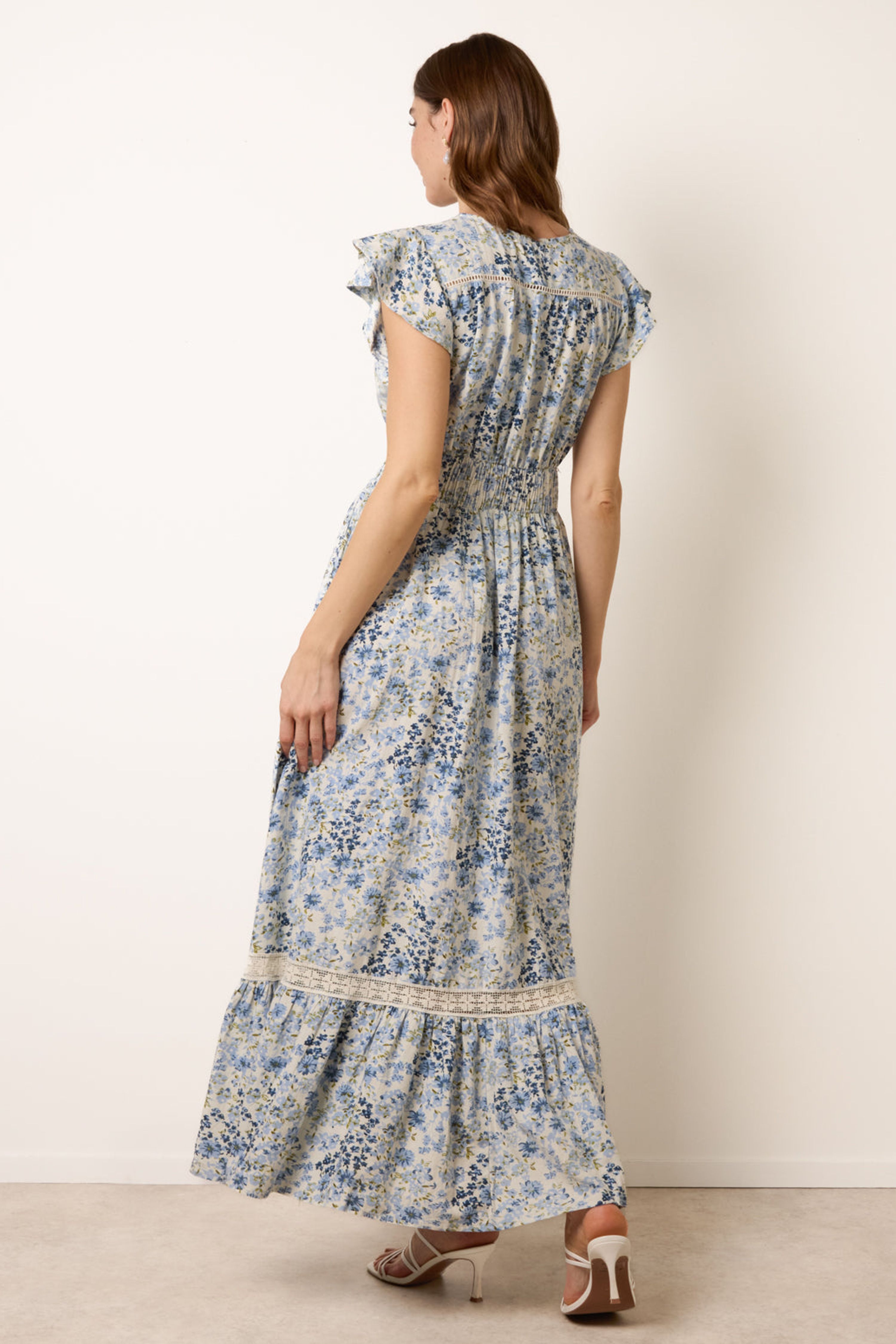 Blue Vanilla Blue Ditsy Floral Print Shirred Waist Button Front Maxi Dress