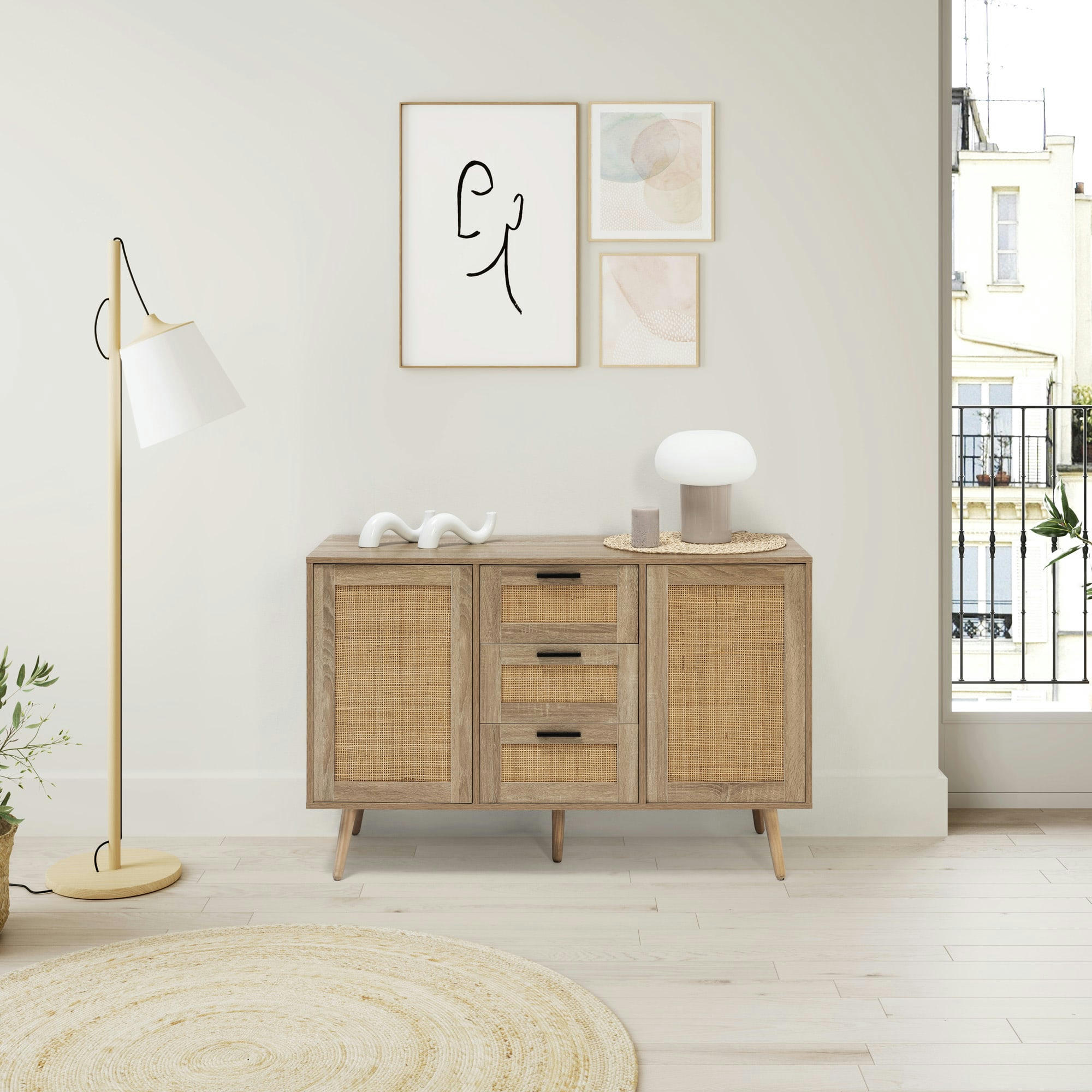 DALIA - Buffet 3 tiroir et 2 portes couleur chêne, 120 cm largeur