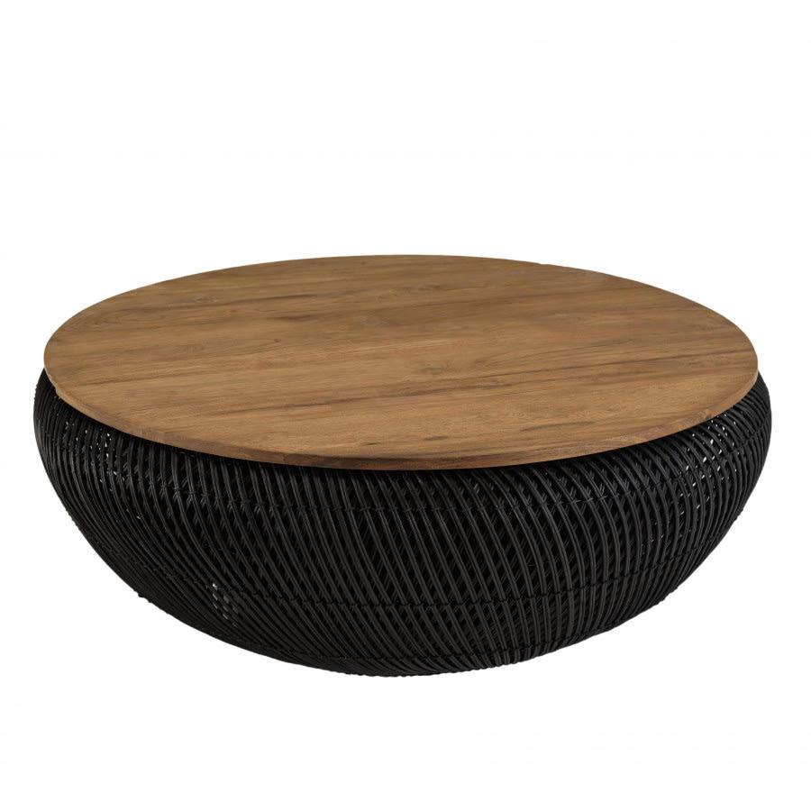 ALIDA - Table basse ronde en rotin noir plateau amovible D100