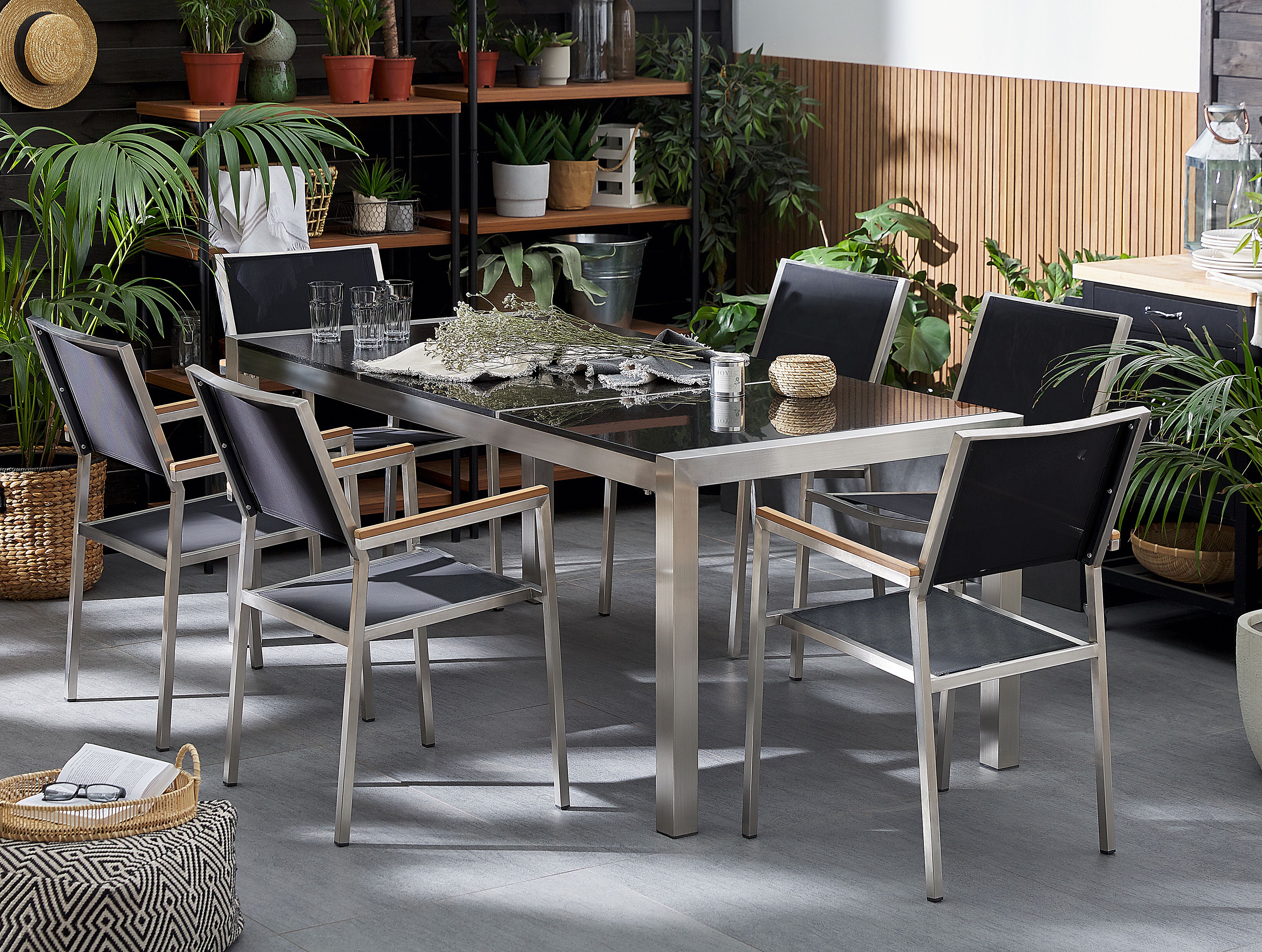 Garden Dining Set 6 Seater GROSSETO Triple Plate Granite Flamed Black