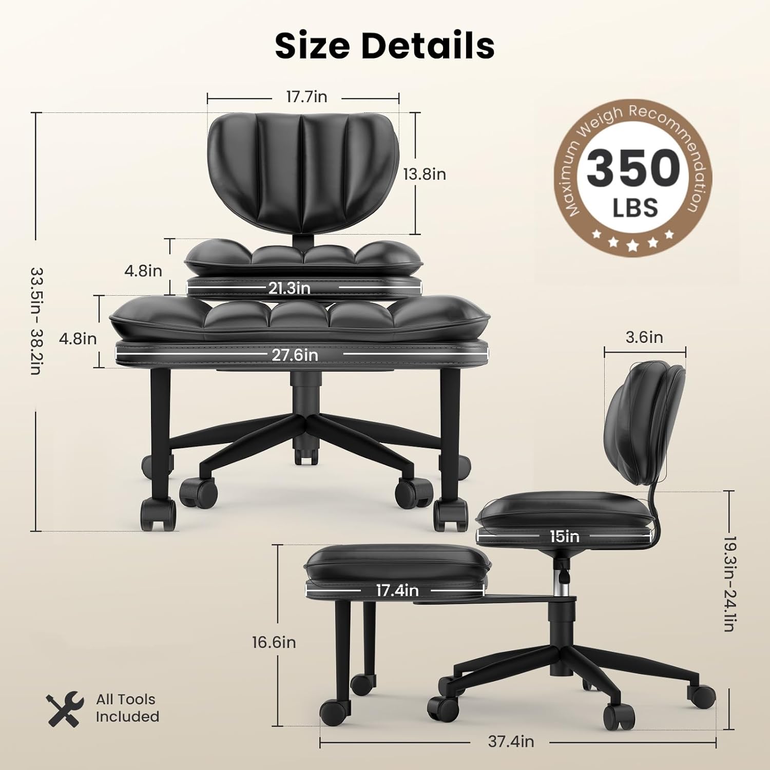Cross Legged Office Chair, Ergonomic Cloud Criss Cross Desk Chair, Meditation Chair with Wheels, Height Adjustable Seat for ADHD, Wide Kneeling Chair with Back Support, Matte Black