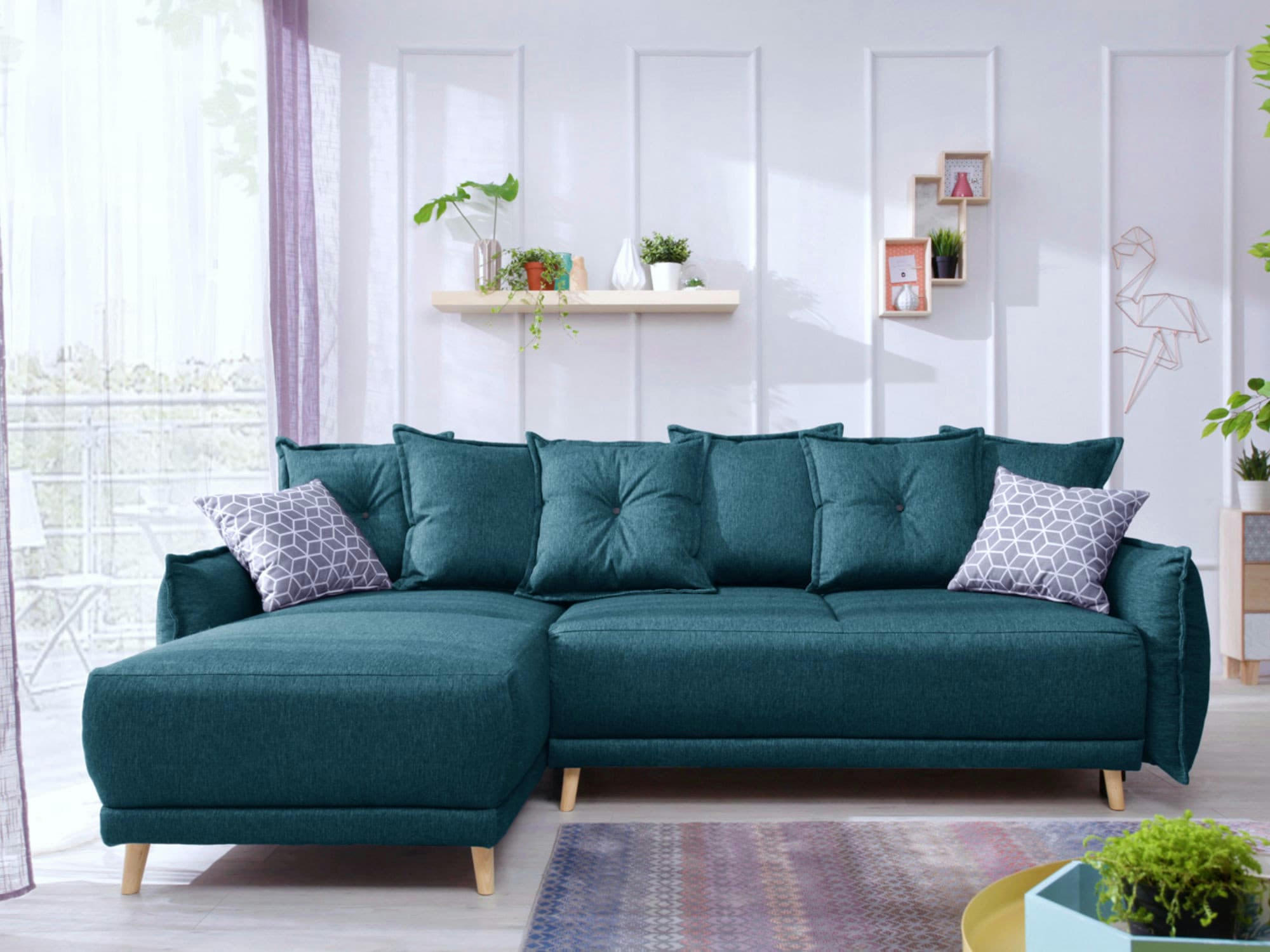 LENA - Canapé d'angle réversible convertible 4 places en tissu bleu turquoise