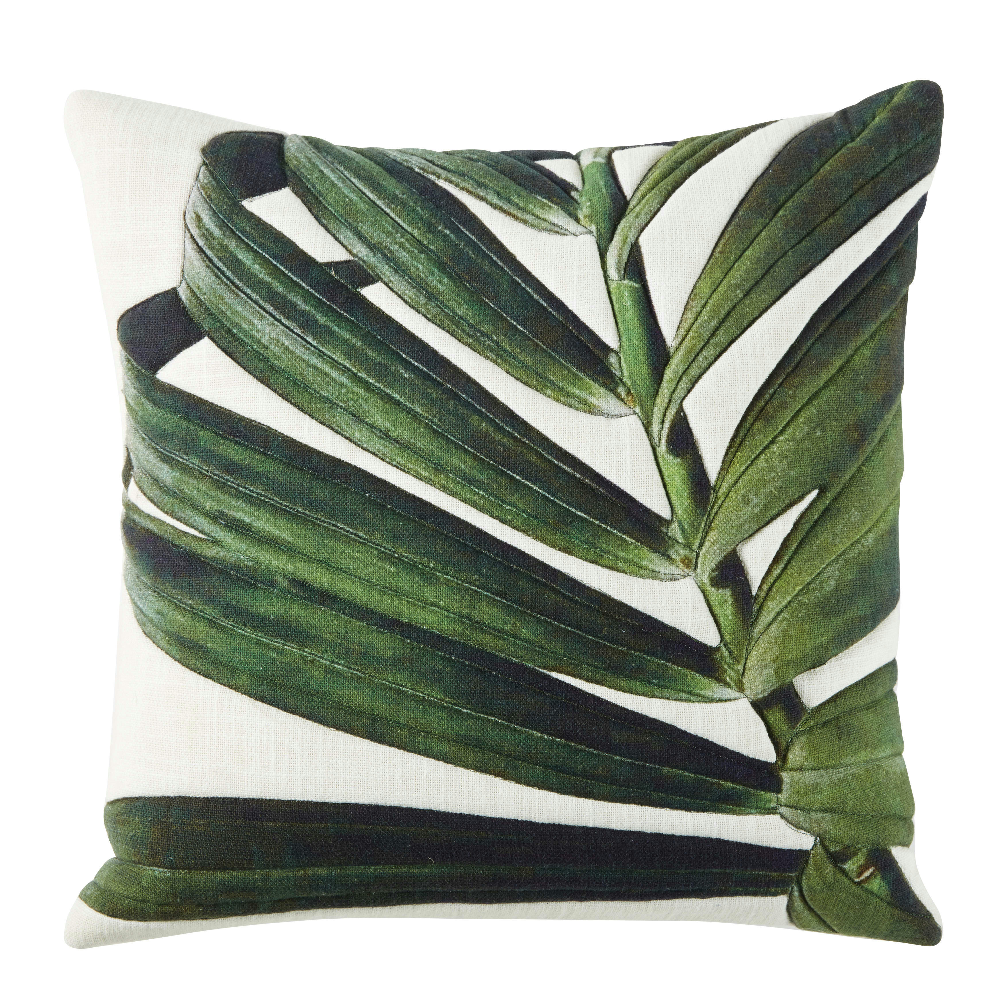 PALWAN - Coussin en coton écru motif piqué en relief feuille verte 45x45