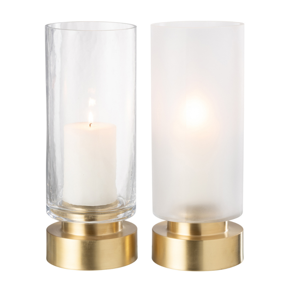 J-Line windlicht/vaas Pia - glas/koper - transparant/goud - medium - 2 stuks