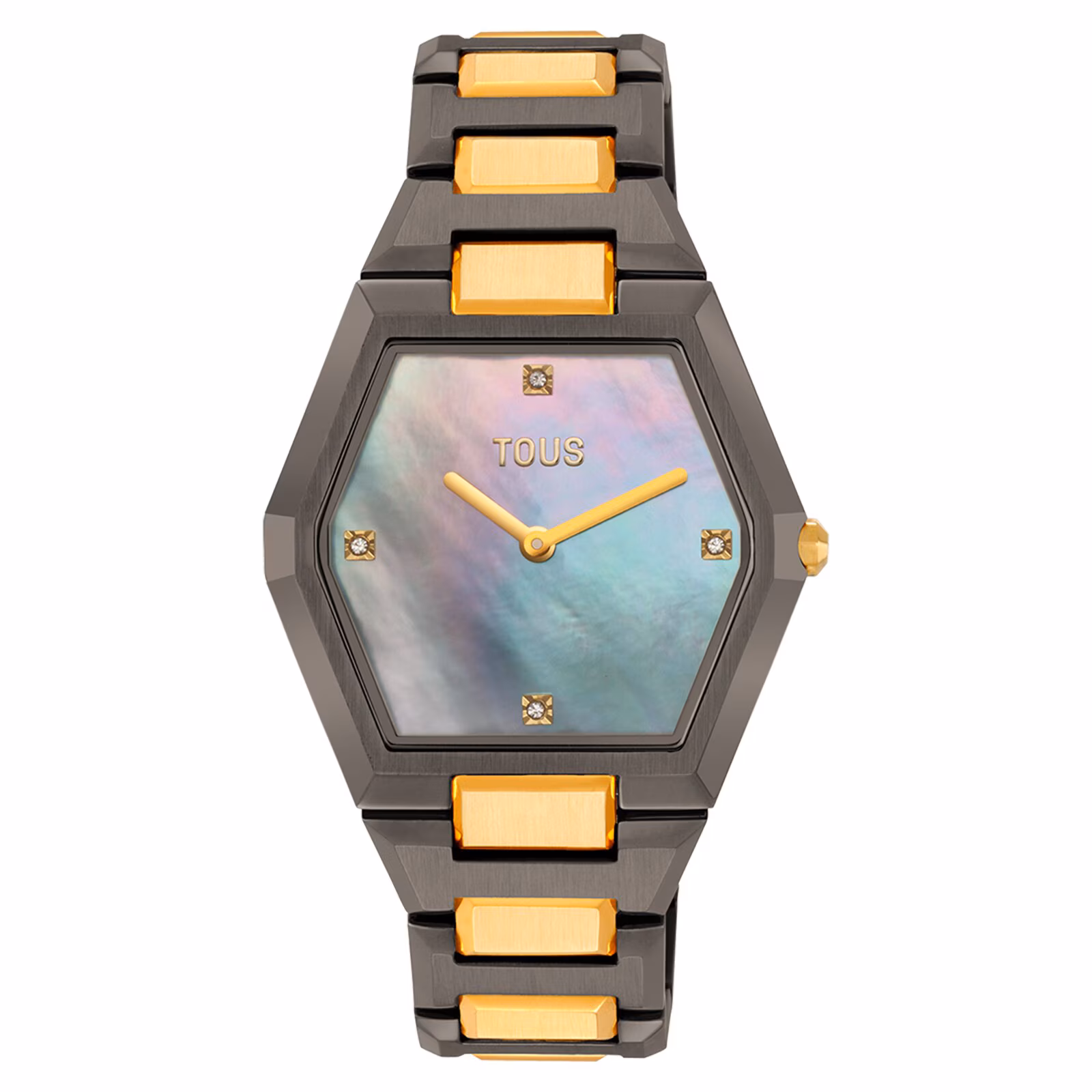Reloj analógico con brazalete de acero negro, dorado y esfera de nácar gris Karat