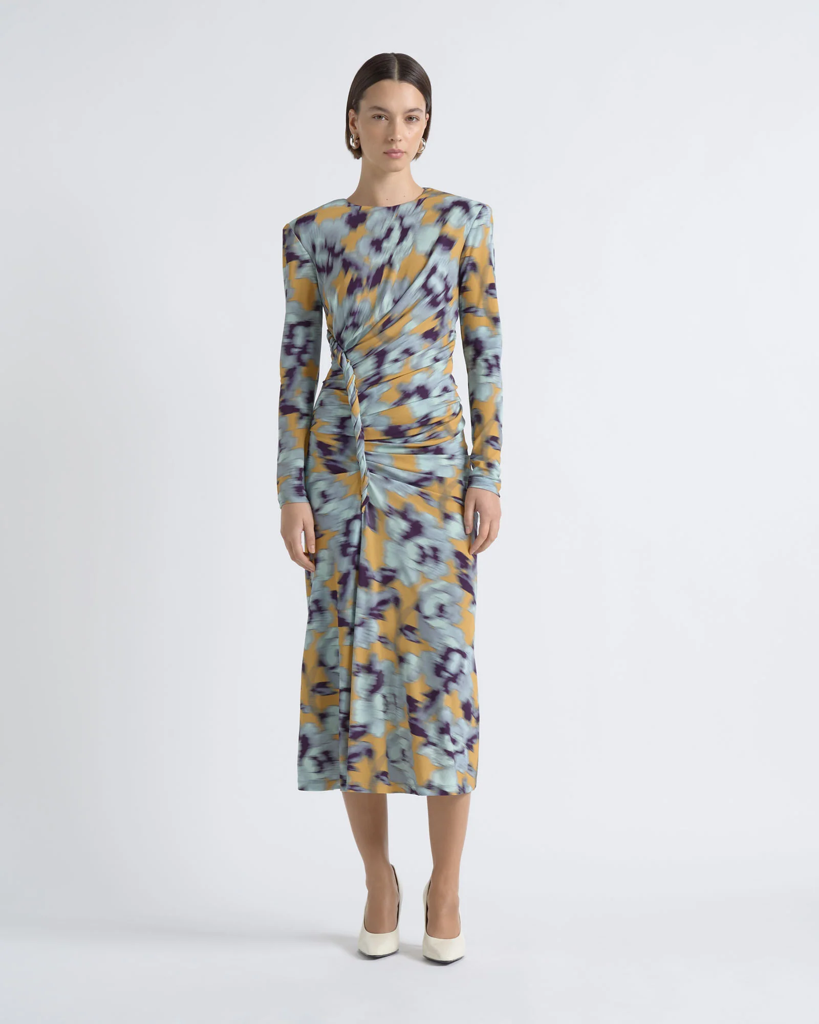 Blurred Floral Twist Midi Dress