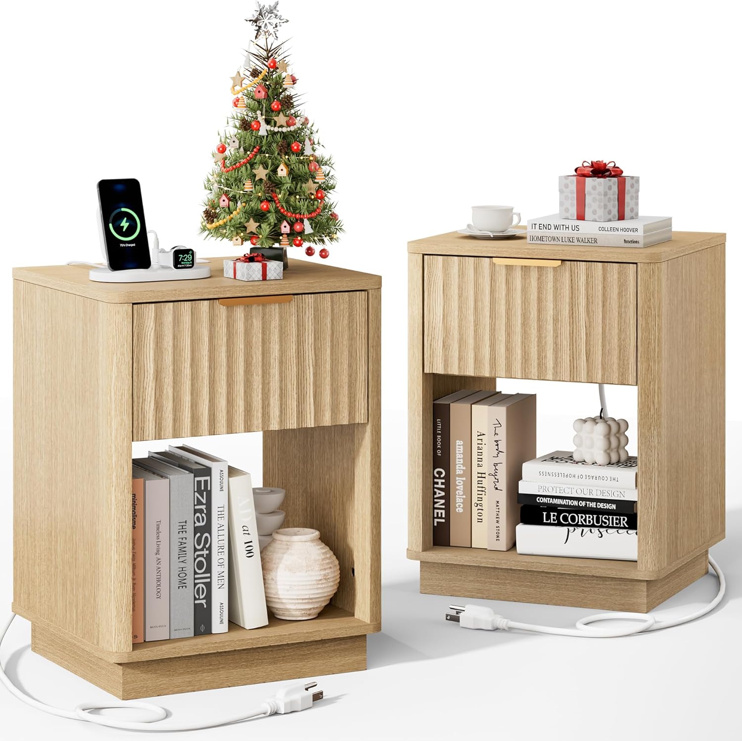 Fluted Nightstand, Night Stand Set 2, Nightstands Set of 2 with Charging Station, Wooden End Table with Drawer & Open Shelf, Modern Bedside Table for Bedroom, Curved Corners, Natural Oak