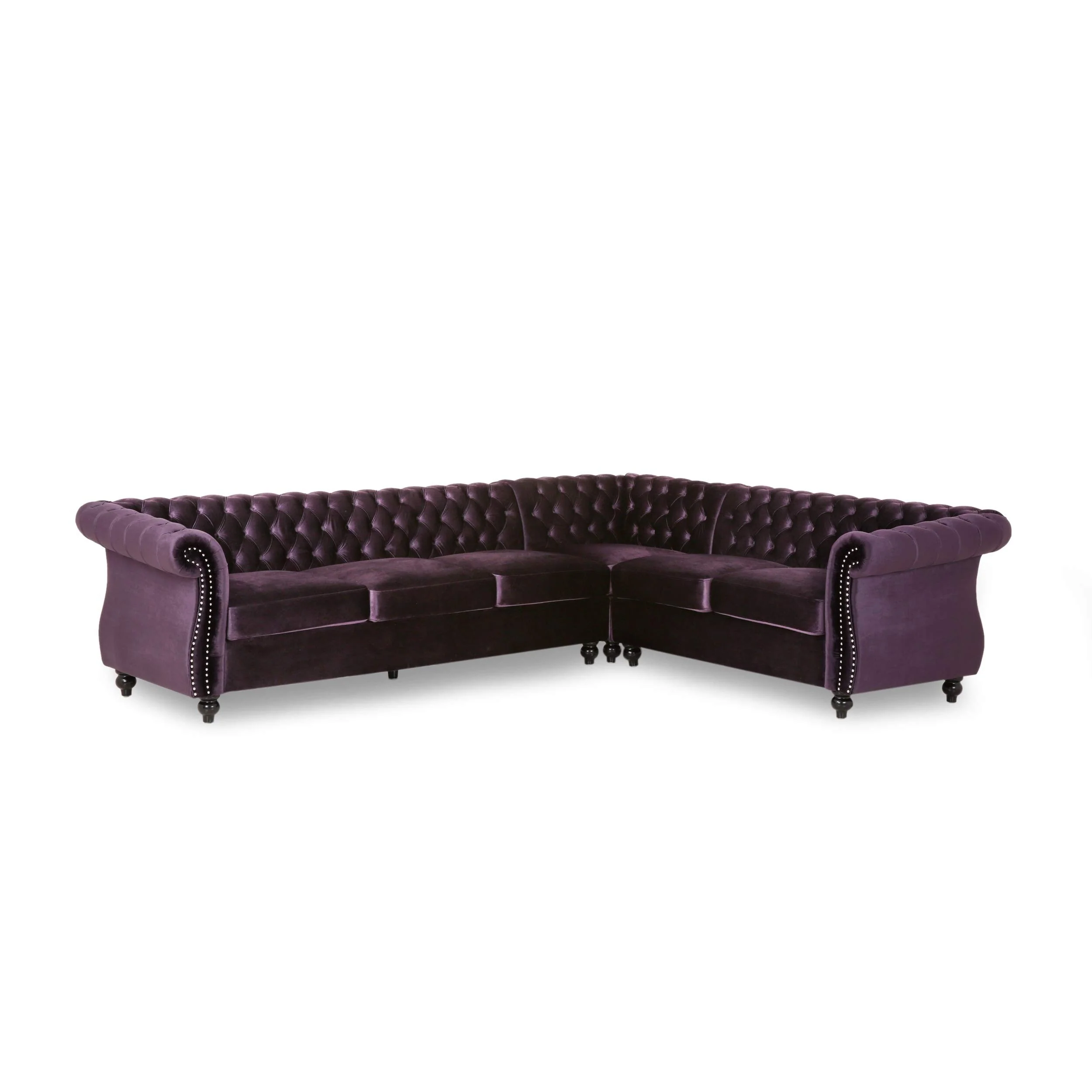 Classic Velvet Corner Sectional Sofa with Tufted Arms and Metal Rivets and Wooden Legs for Living Room or Guest Room