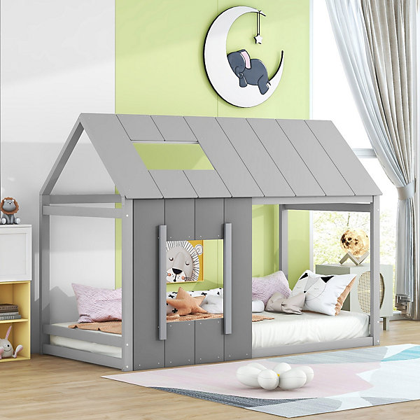 Lit enfant 90x200 cm - Lit Cabane avec Toit et Fenêtre, Structure Bois Massif Kiefer et MDF, Sans Matelas,Gris