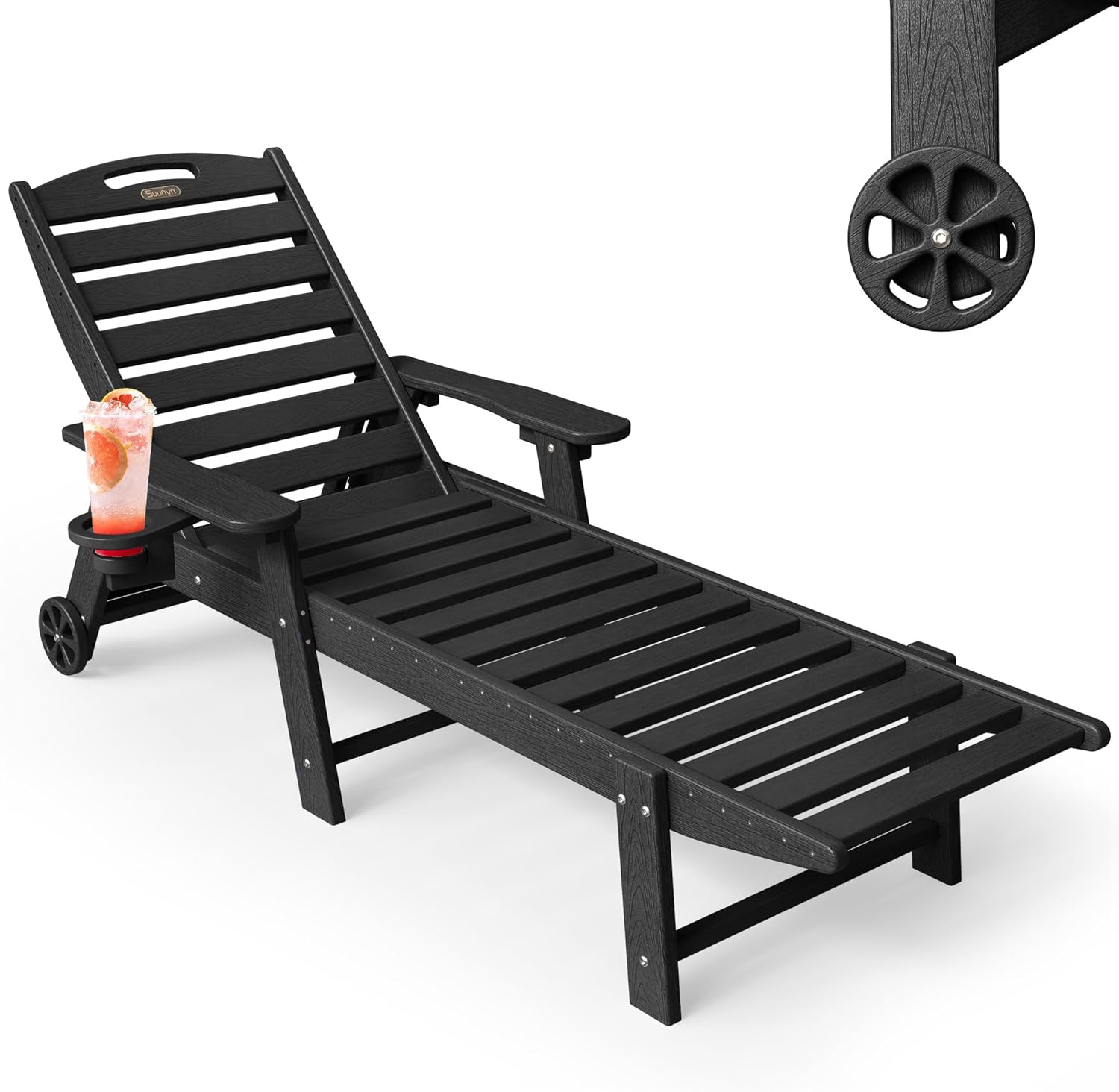 Chaise Lounge Outdoor, Lounge Chair Outdoor with Wood Texture, Adjustable 5-Position Backrest, HDPE Lounge Chair with Wheels & Cup Holder for Pool Deck Backyard, Black