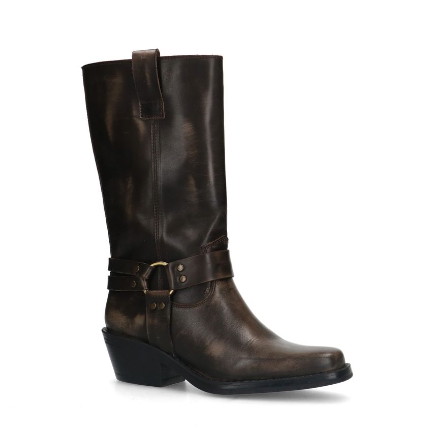 Manfield Bruine leren biker boots