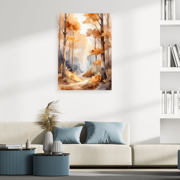 Obraz do salonu sypialni, Jesienny Mglisty Las Akwarelowy Leśny 20x30
